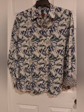 Robert Graham White Shirt with Blue and Green Abstract Floral Embroidery